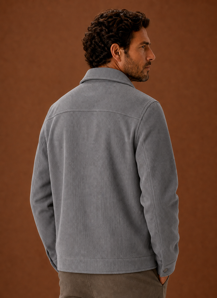 Back view of a men's crew neck knit sweater showing neckline and hem