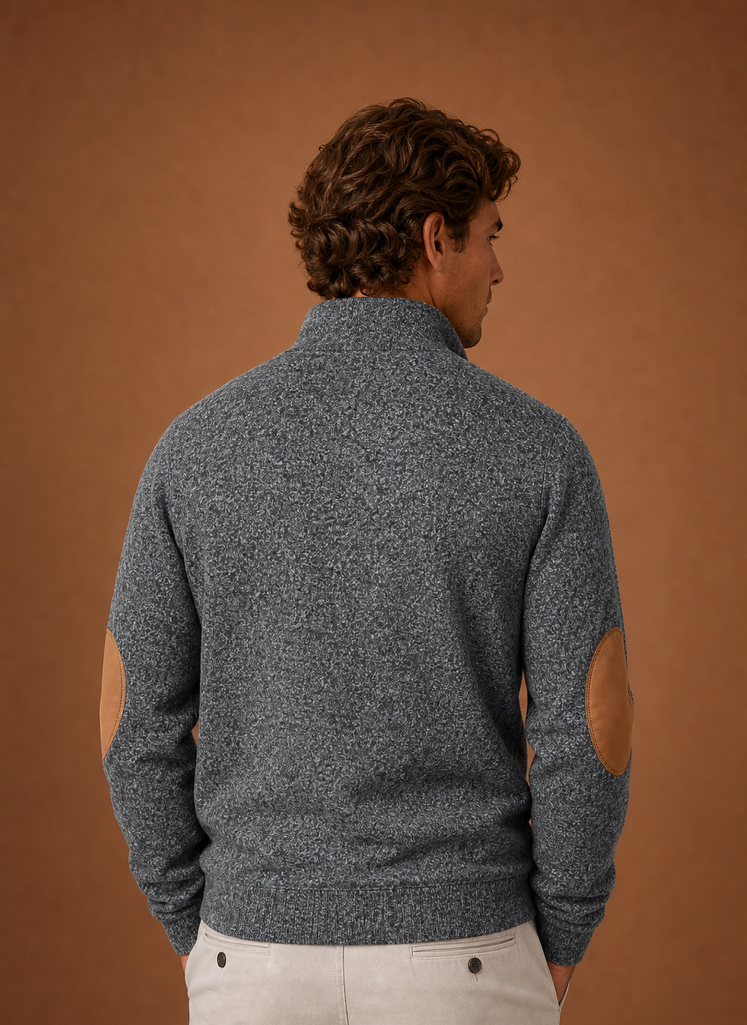 Back view of the mock neck pullover showing a clean straight hem