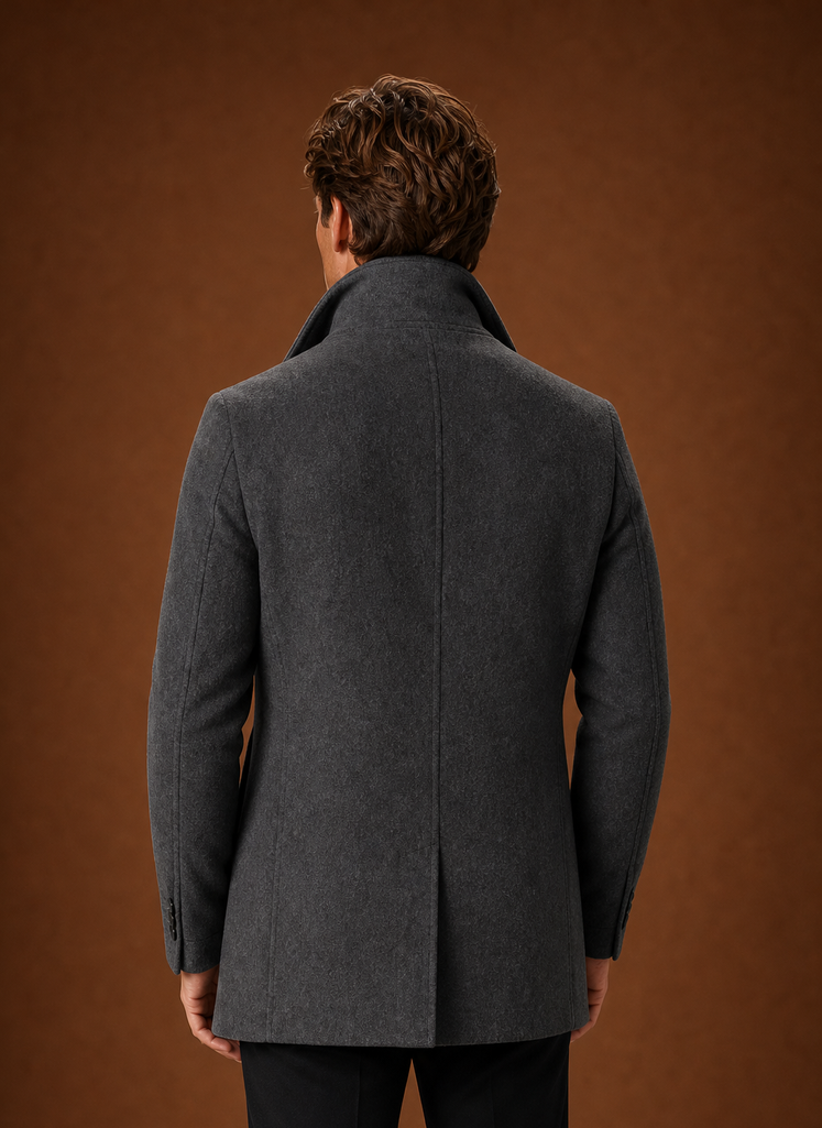 Men's Wool Blend Coat - Classic Button Up Winter Overcoat back view