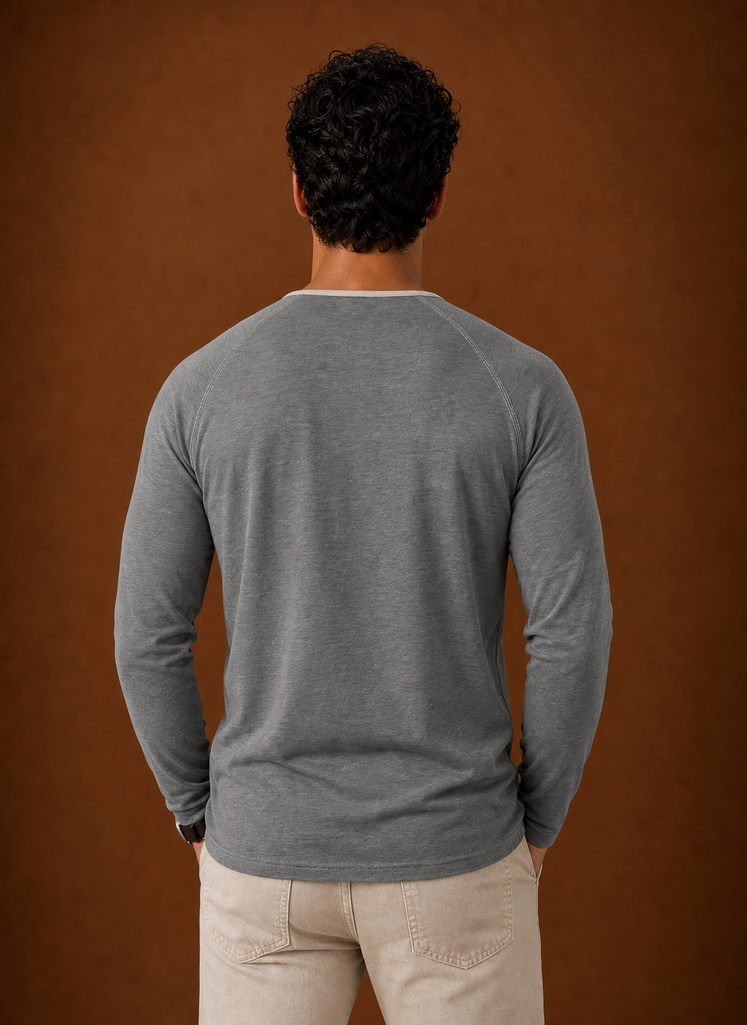 Back view of a men's Henley shirt with plain back detail