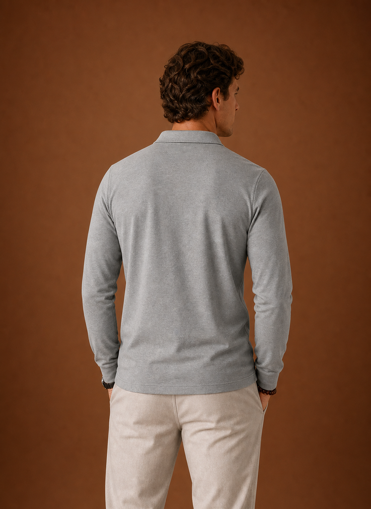 Back view of men's polo shirt showing clean back panel and collar in black