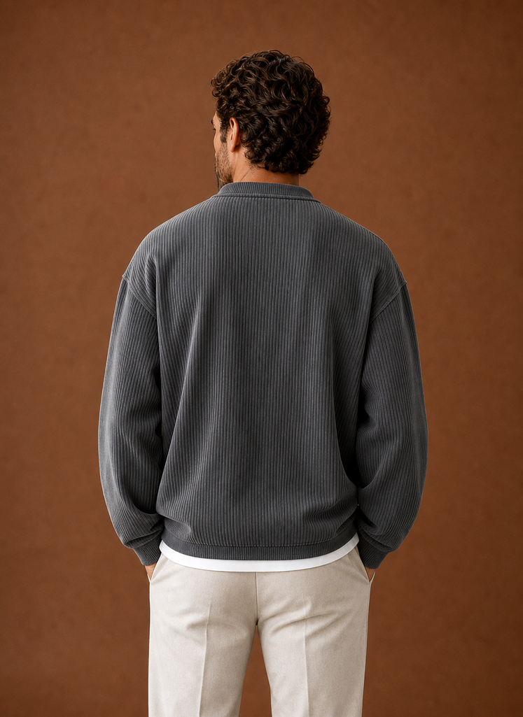 Back view of men's grey ribbed henley shirt