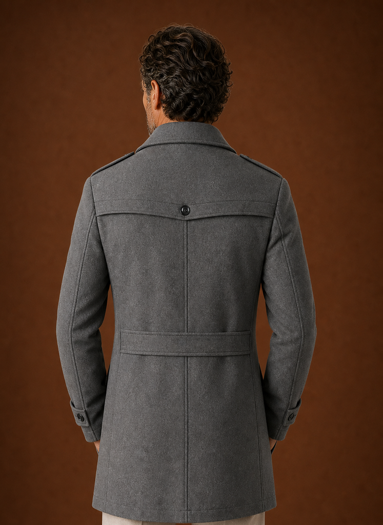 Back view of men's long coat showing clean, full-length design