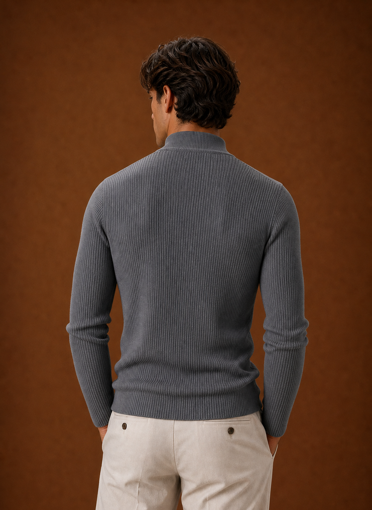 Men's Turtleneck Sweater - Ribbed Roll Neck Knit Pullover back view