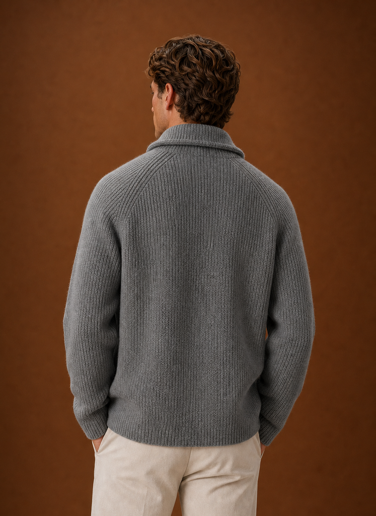 Back view of a men's ribbed knit cardigan displaying the ribbed texture