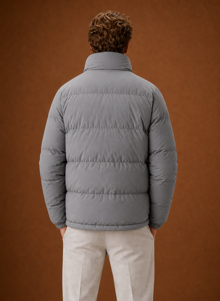 Rear view of the puffer jacket showing the back shape and quilting pattern