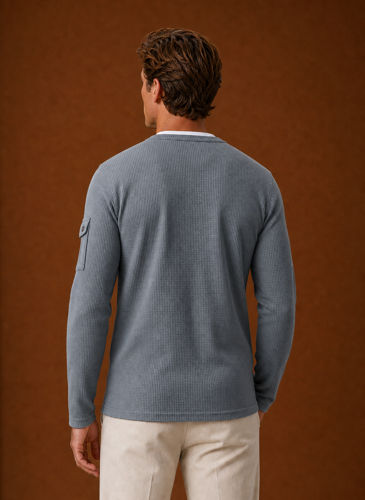 Back view of the Henley shirt showing full back silhouette