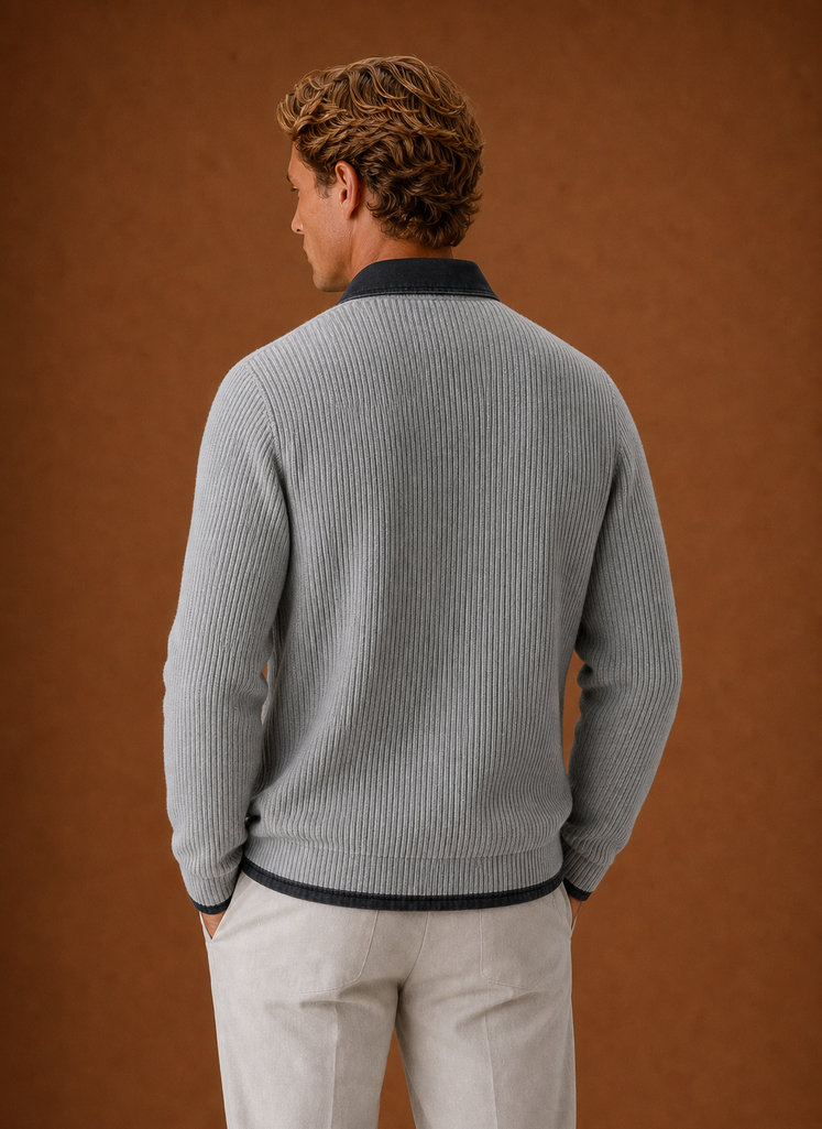 Back view of men's knit cardigan showing clean hem and tailored fit