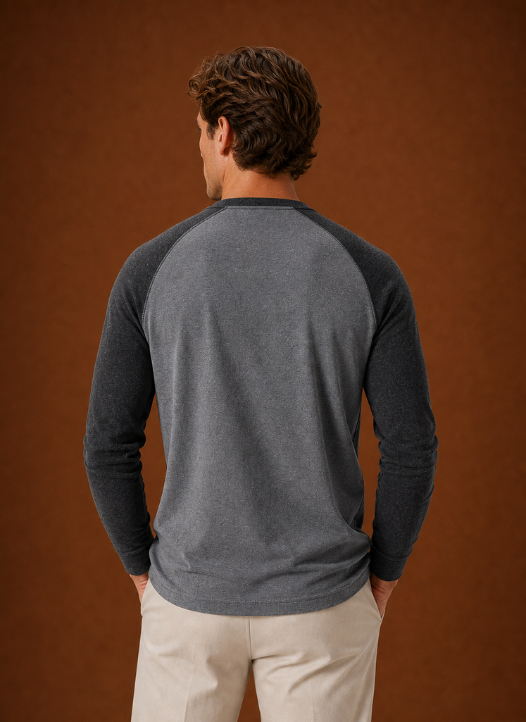 Back view of Areleon men's Henley shirt with smooth back panel