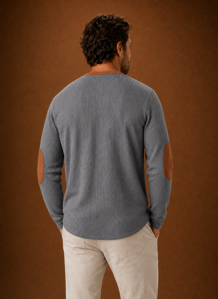 Back view of men's waffle-knit Henley long-sleeve shirt