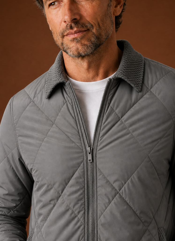 Close-up of quilted stitching and ribbed cuff on men's bomber jacket