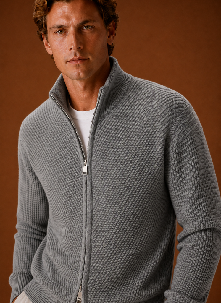 Close-up of the zipper and knit texture on the Areleon men's cardigan