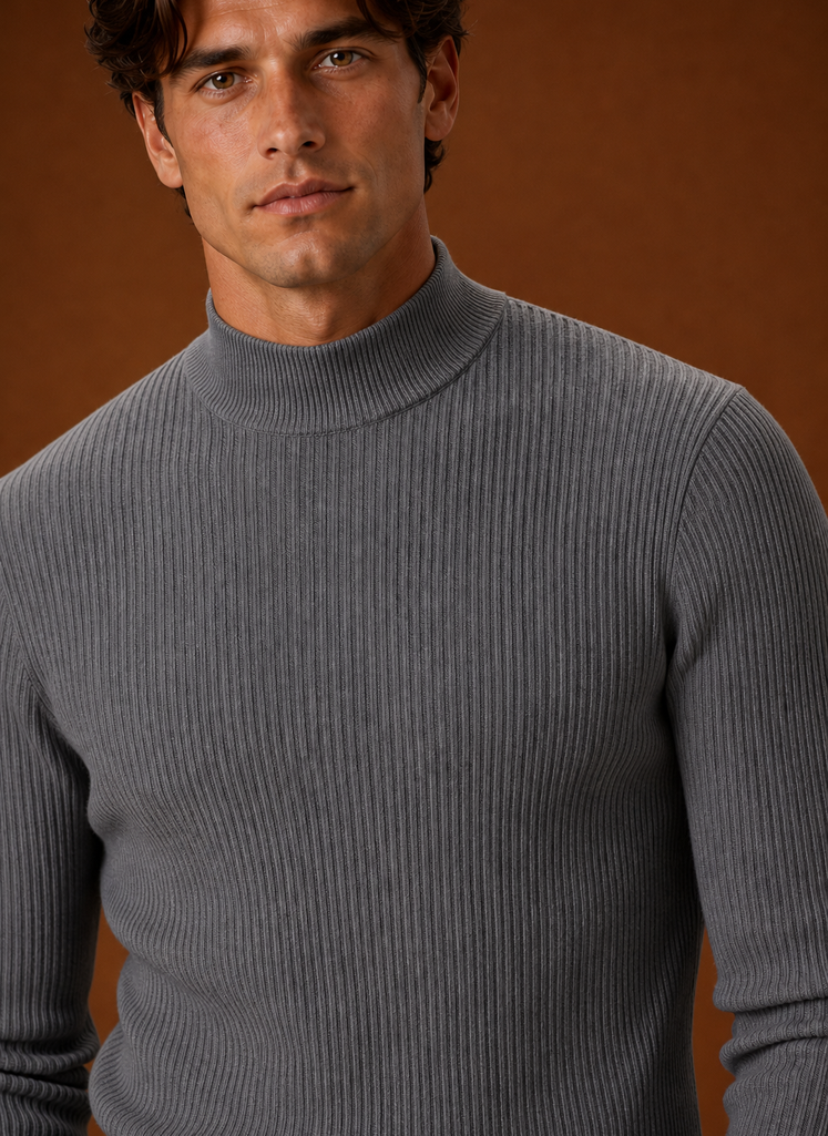 Men's Turtleneck Sweater - Ribbed Roll Neck Knit Pullover closeup view