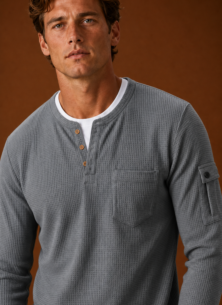 Close-up of the Henley shirt's button-placket and neckline detailing