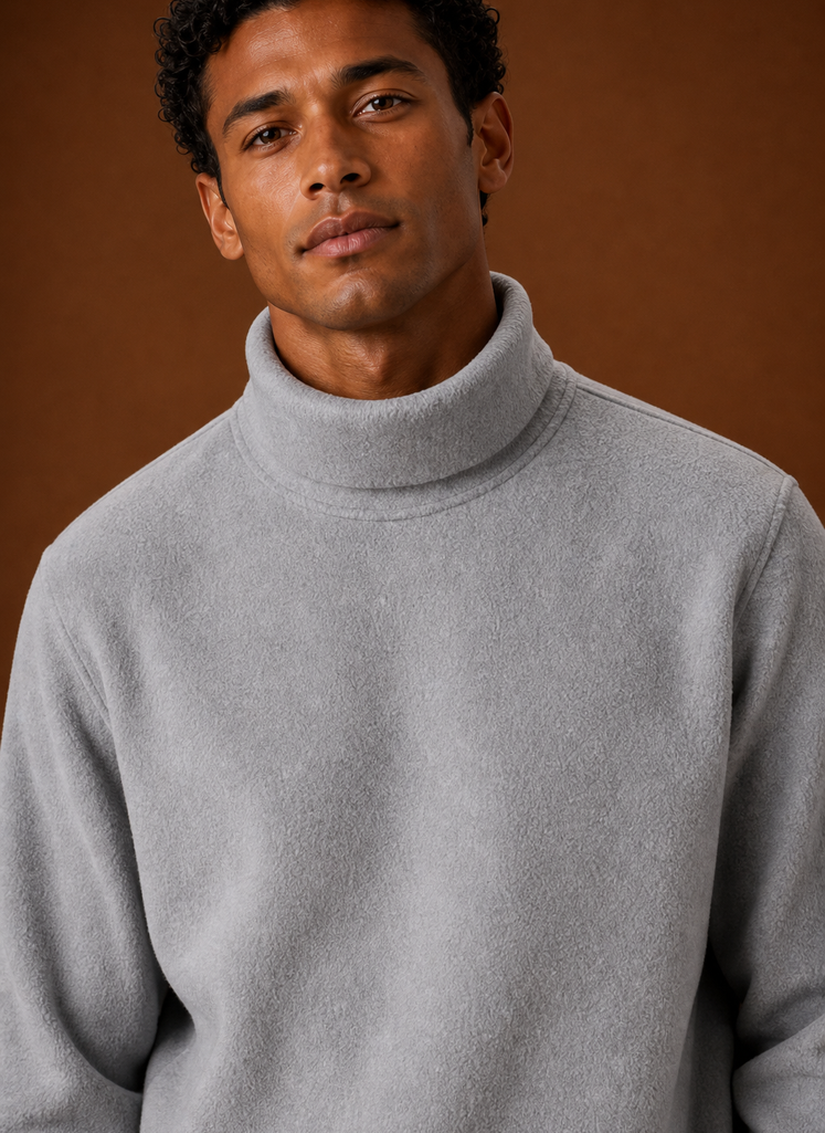Men's Turtleneck Sweater - Fleece Lined Roll Neck Pullover closeup view