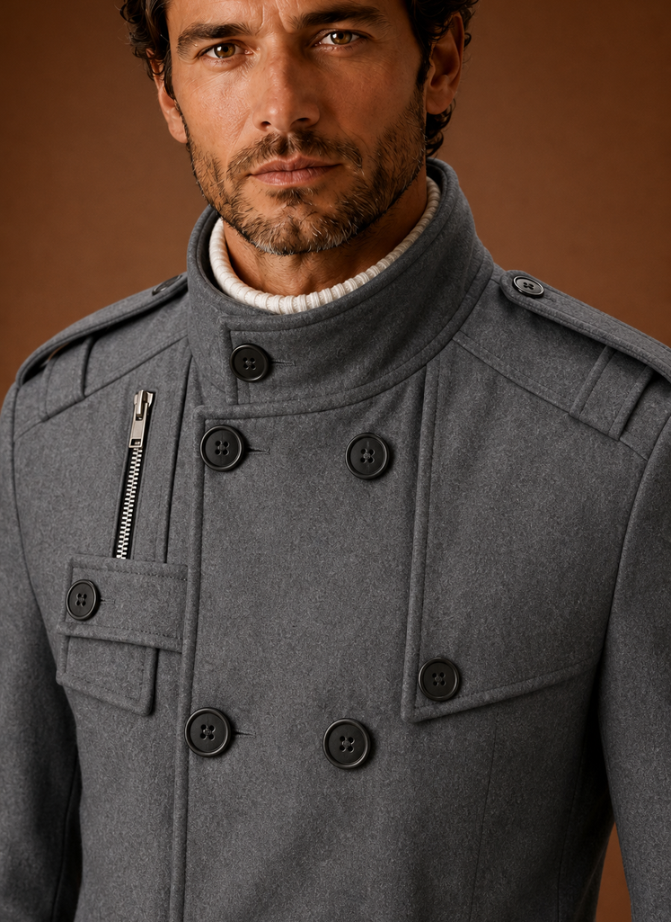 Close-up of overcoat button-front closure and stitching details
