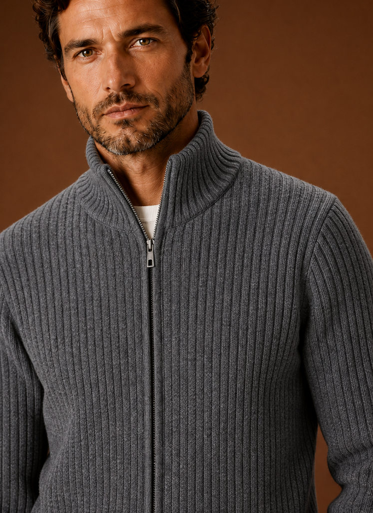 Close-up of ribbed knit texture and full-zip hardware on Areleon men's sweater
