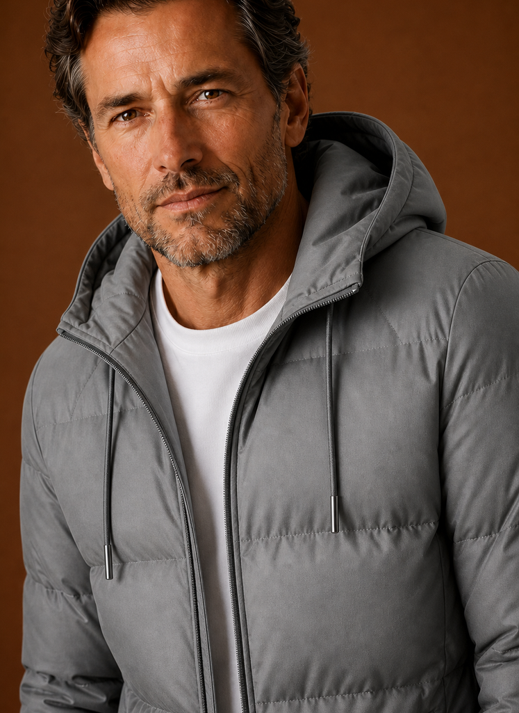 Close-up of puffer quilting and front closure detail on men's jacket