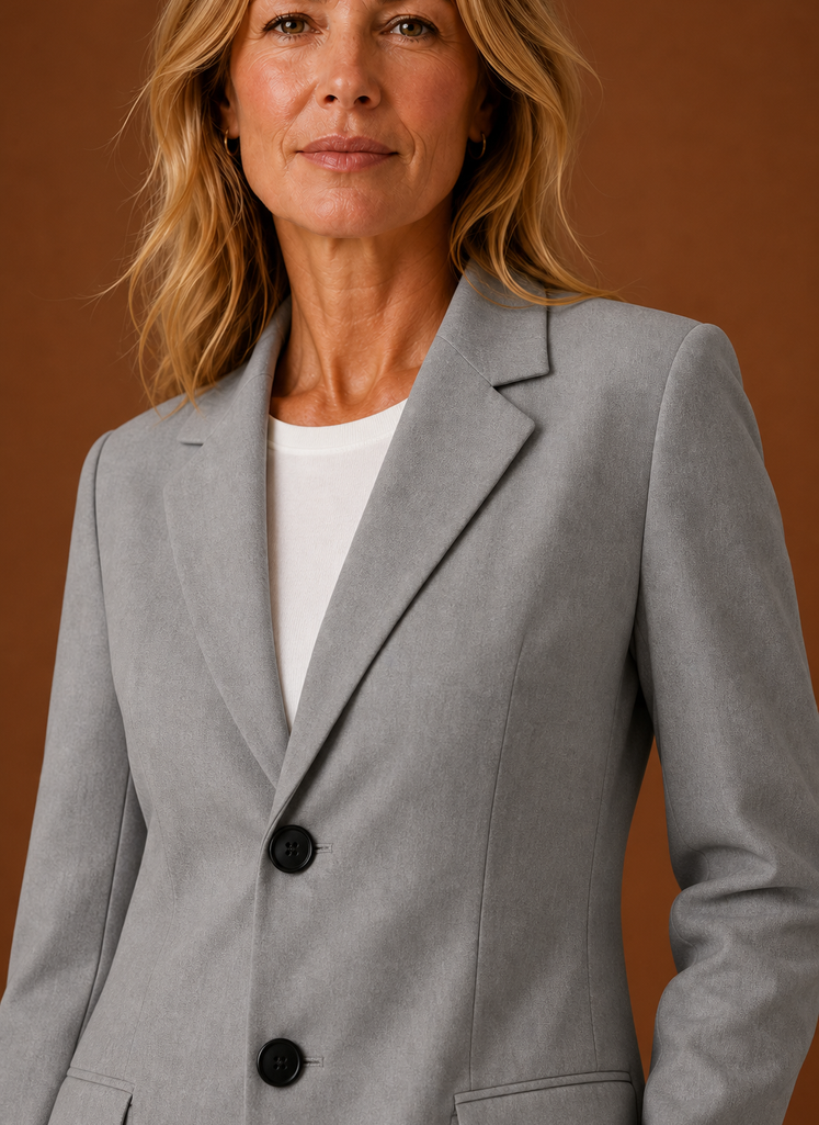 Close-up of blazer lapel and stitching detail