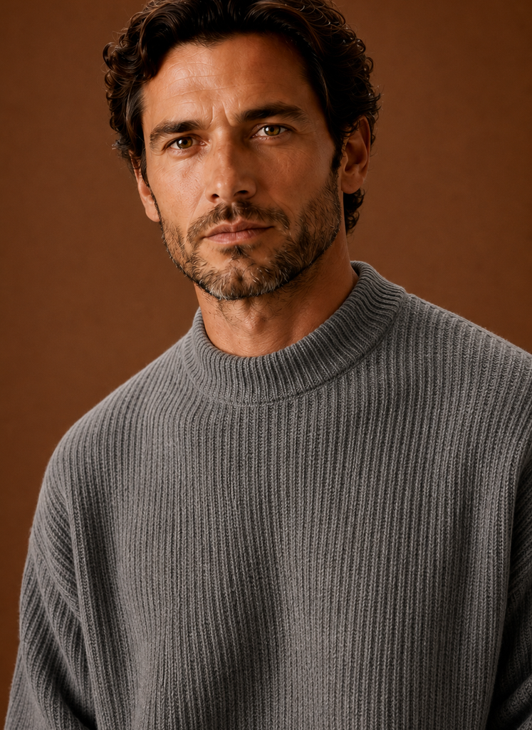 Men's Ribbed Knit Sweater - Crew Neck Pullover closeup view