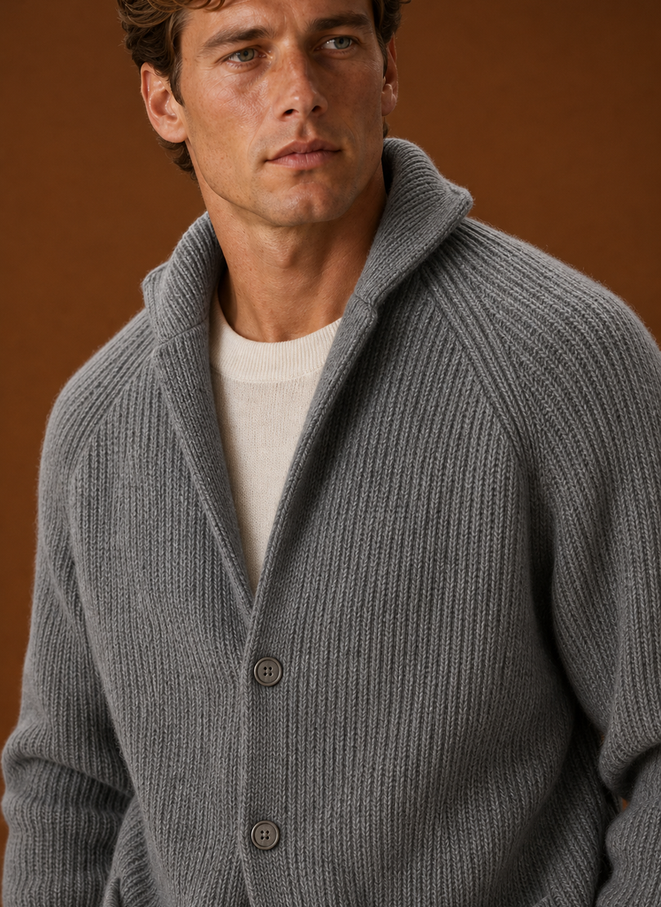 Close-up of the ribbed knit texture on the men's cardigan