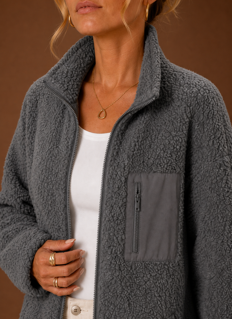 Close-up of sherpa-style texture and zipper detail on the jacket
