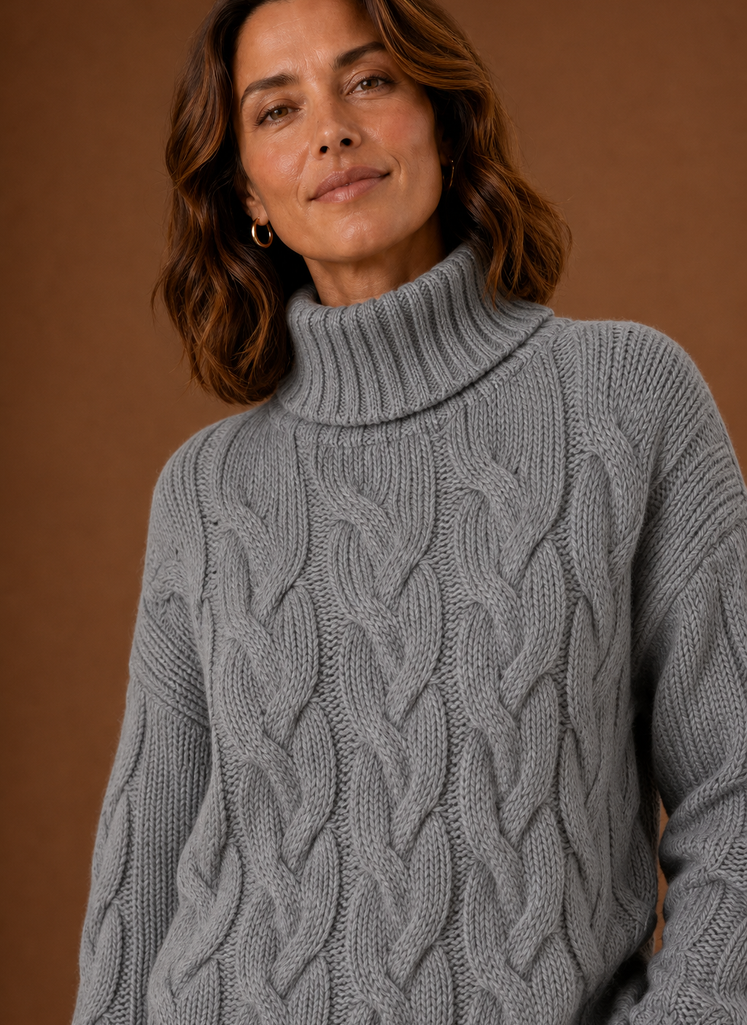 Close-up of cable knit stitch detail and texture on Areleon sweater