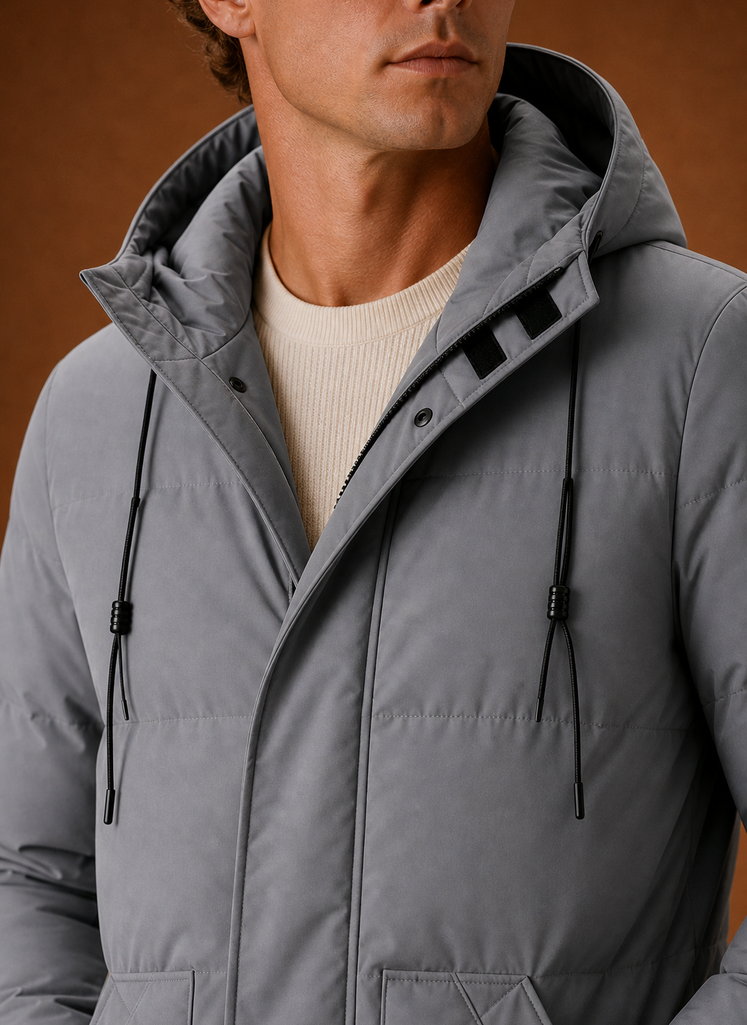 Close-up of puffer stitching and hood detail on the jacket