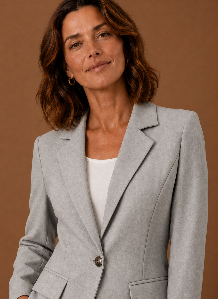 Close-up of single-button closure and tailored front of women's blazer