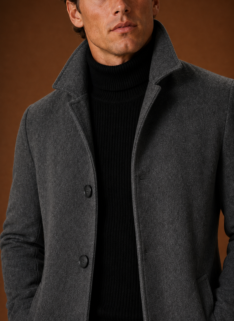 Men's Wool Blend Coat - Classic Button Up Winter Overcoat closeup view