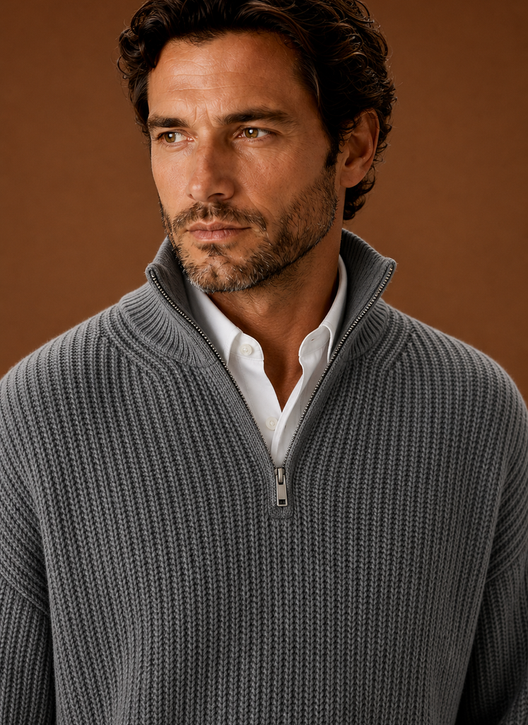 Close-up of chunky ribbed texture and half-zip neckline on Areleon pullover