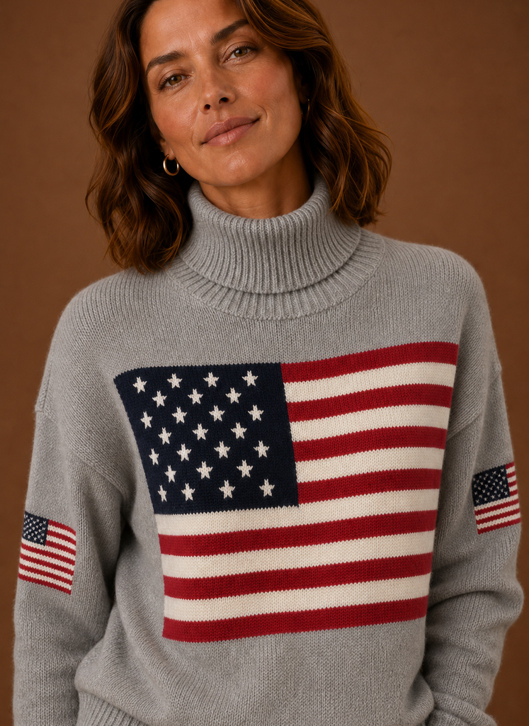 Close-up of the knit detailing and American flag motif on the turtleneck sweater