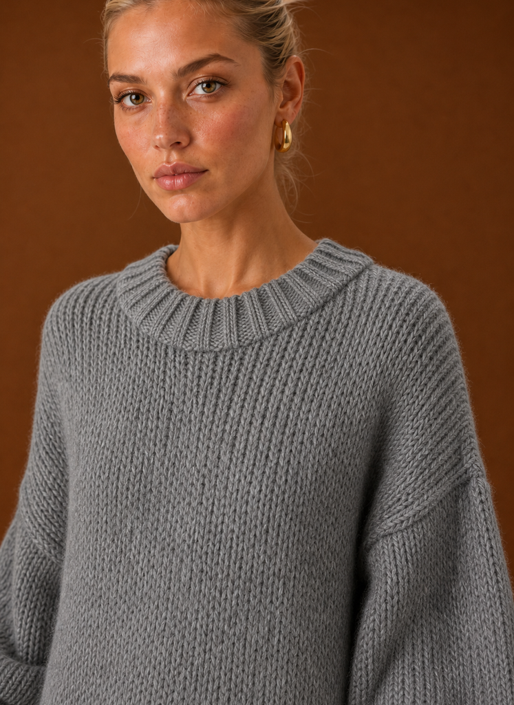 Close-up of the knit texture and stitch detail on the maxi dress
