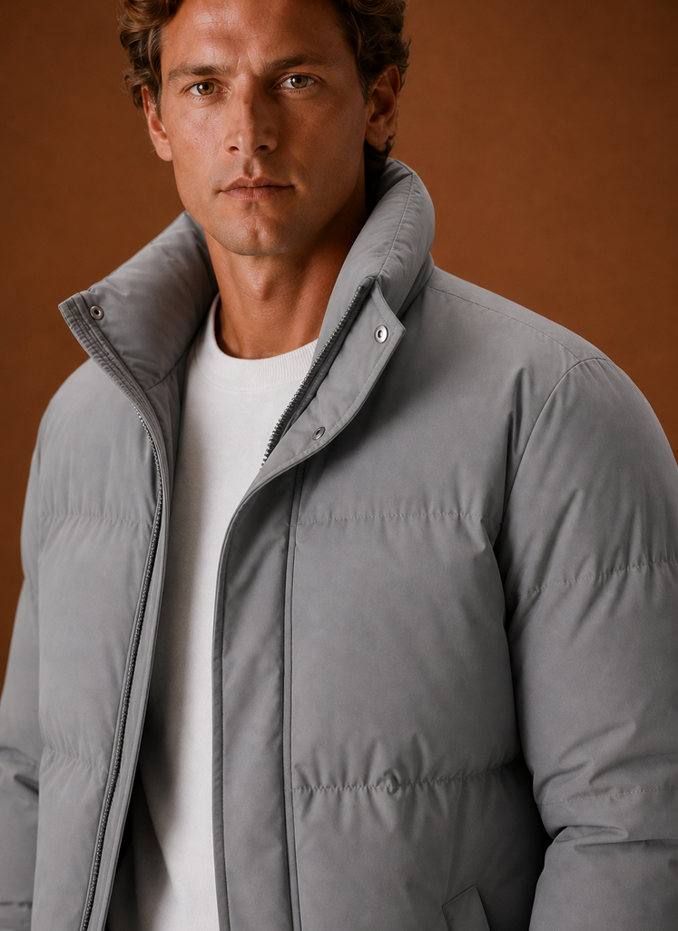 Close-up of the jacket's quilting and stitching detail