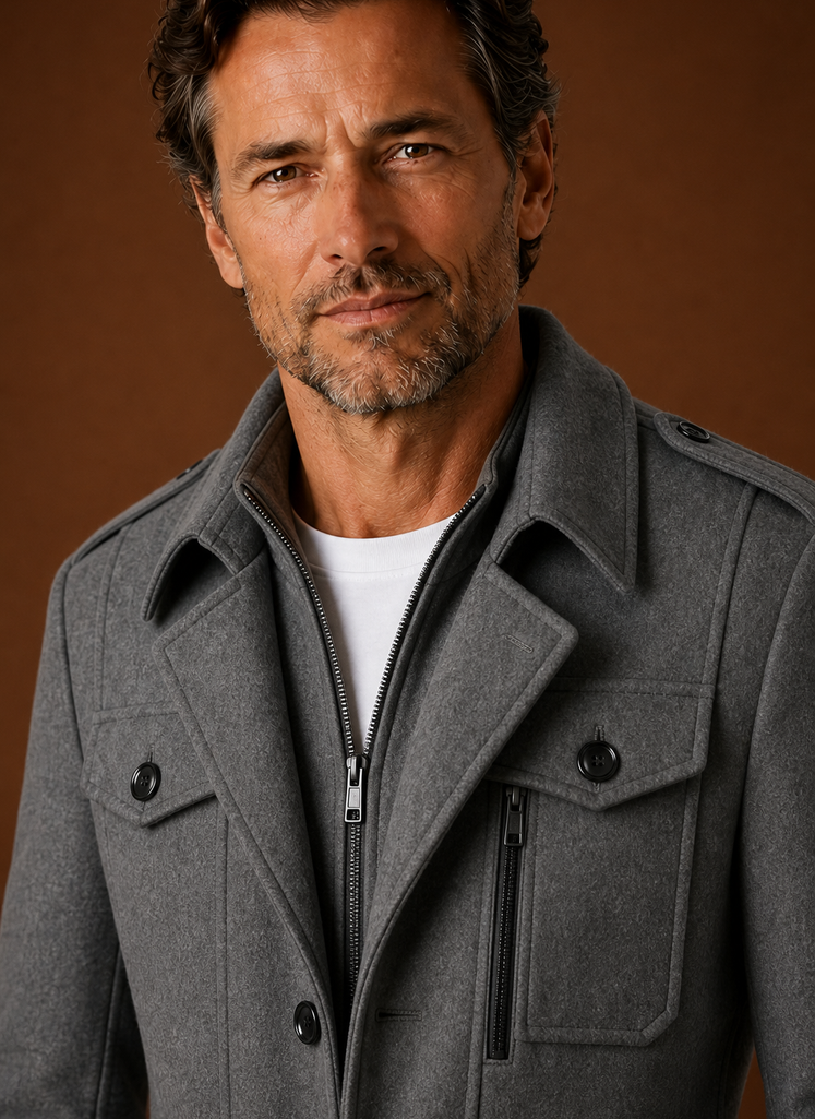 Close-up of coat showing button-front detail and fabric texture
