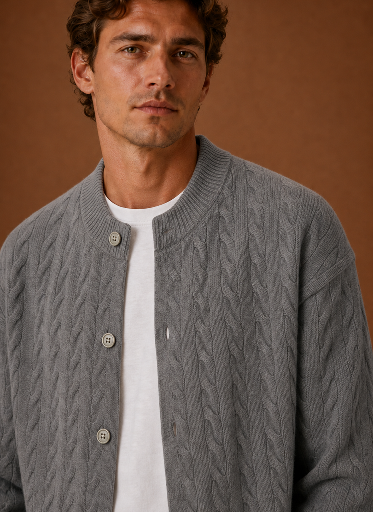 Close-up of cable knit pattern and button-front detail on the cardigan