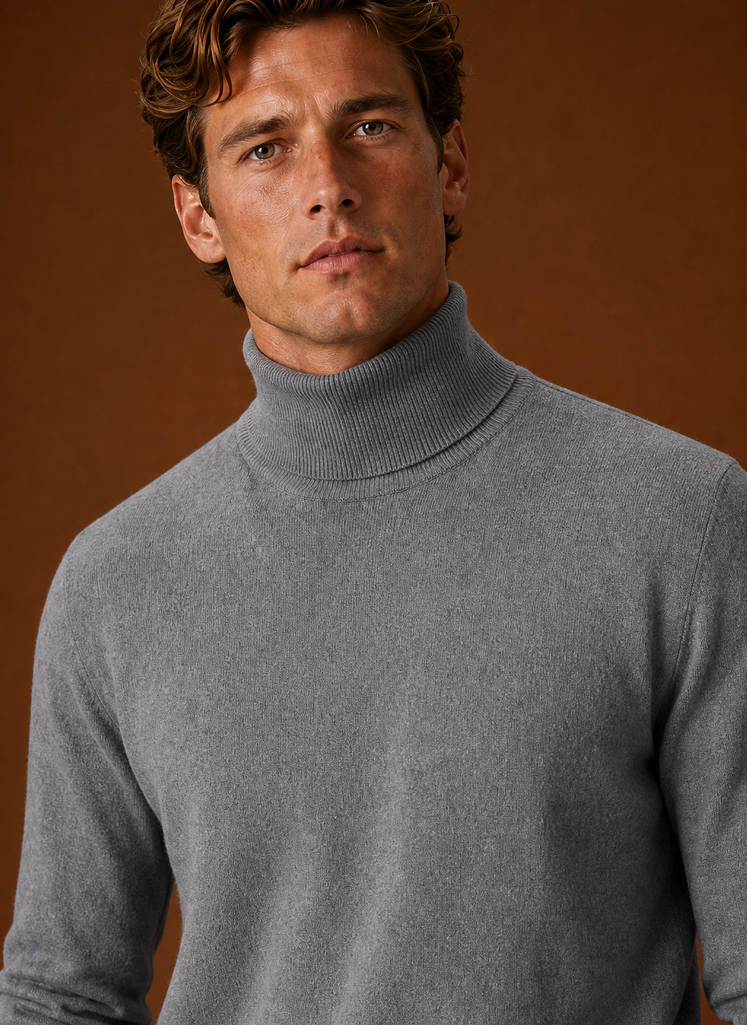 Men's Turtleneck Sweater - Roll Neck Knit Pullover closeup view