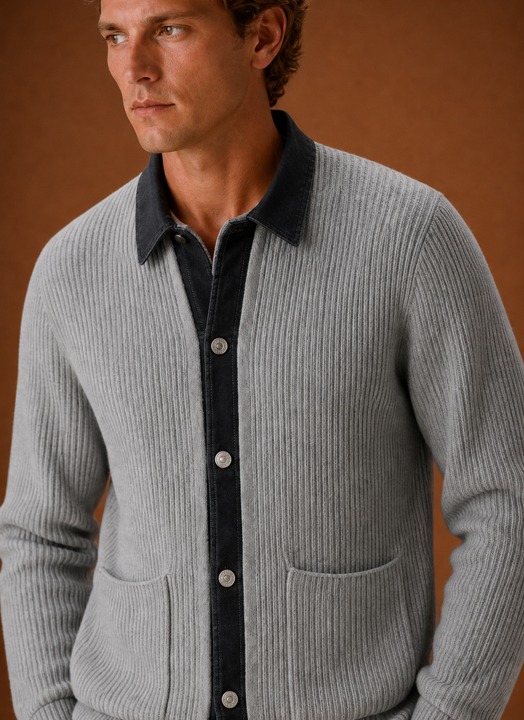 Close-up of button placket and knit construction on men's cardigan