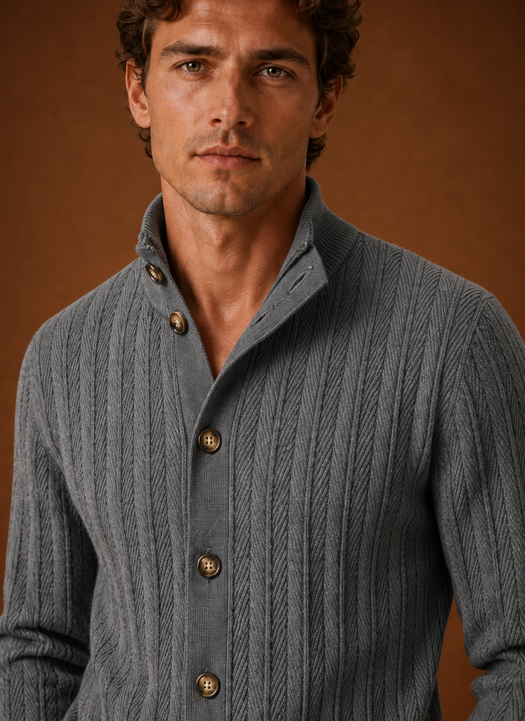 Close-up of buttons and knit texture on Areleon men's cardigan