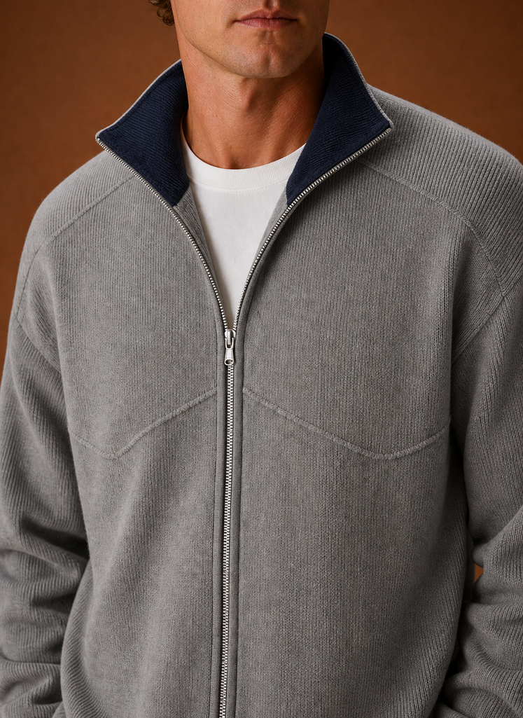 Close-up of knit texture and zipper detail on men's full-zip cardigan jacket