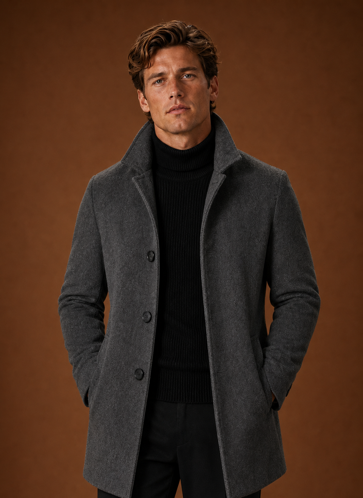 Men's Wool Blend Coat - Classic Button Up Winter Overcoat front view