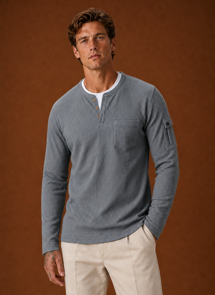 Front view of the men's Henley shirt showing the button placket and crew neckline
