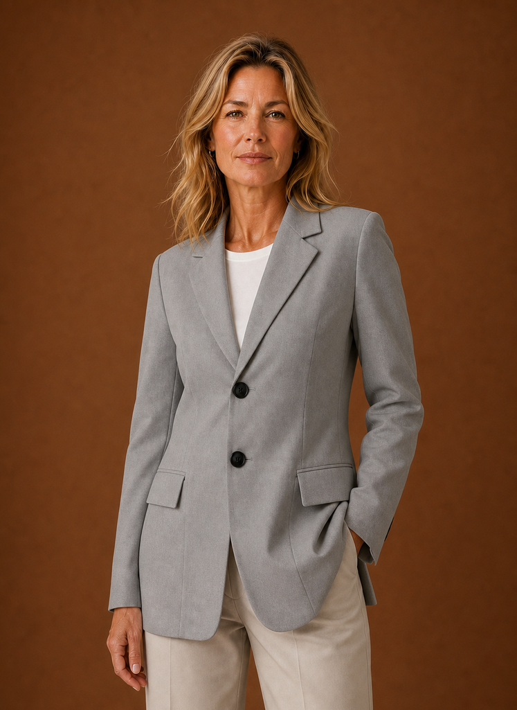 Front view of women's longline blazer on hanger with clean tailored silhouette
