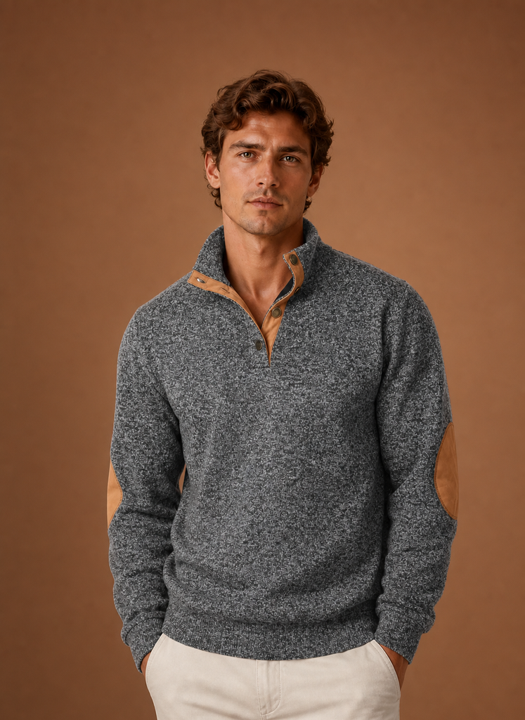 Front view of a men's mock neck pullover on a neutral background