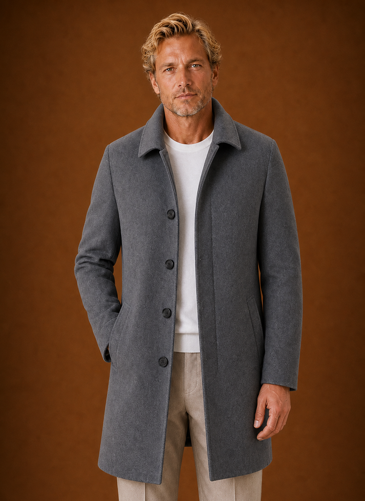Front view of a men's mid-length overcoat on a mannequin showing clean silhouette