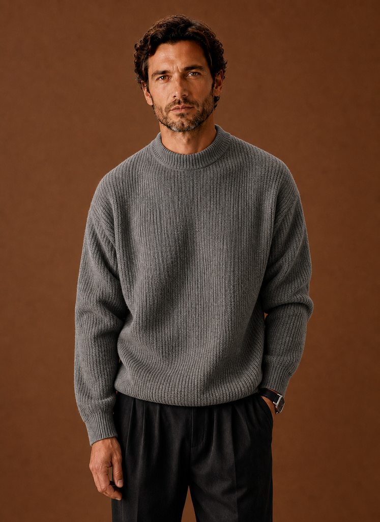 Men's Ribbed Knit Sweater - Crew Neck Pullover front view