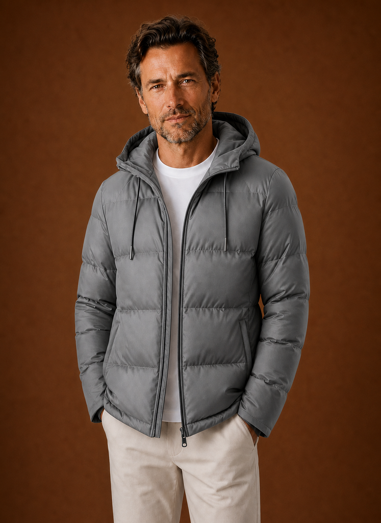 Front view of men's hooded puffer jacket showing quilted silhouette and front closure