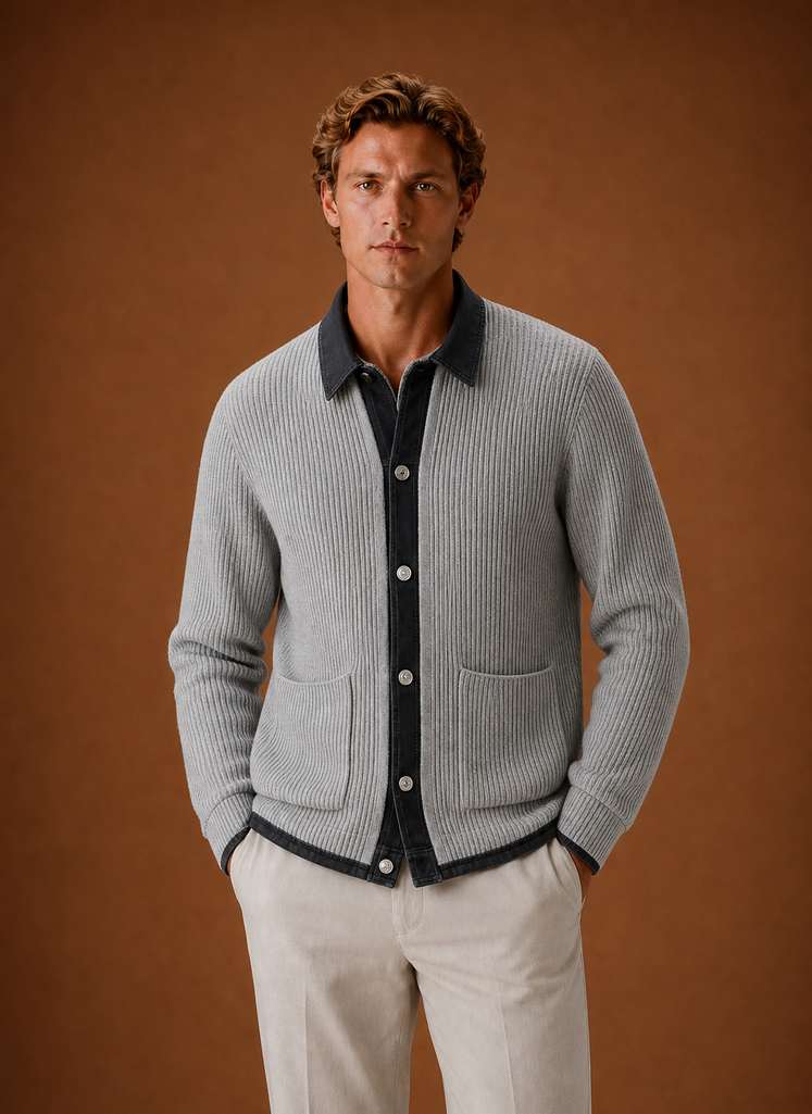 Front view of men's grey knit cardigan with button-front closure and slim silhouette