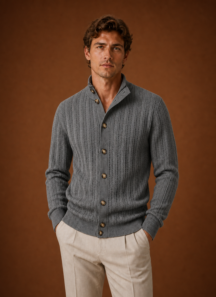 Front view of Areleon Men's knit cardigan with button-front closure
