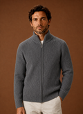 Front view of Areleon men's ribbed full zip sweater with high stand collar